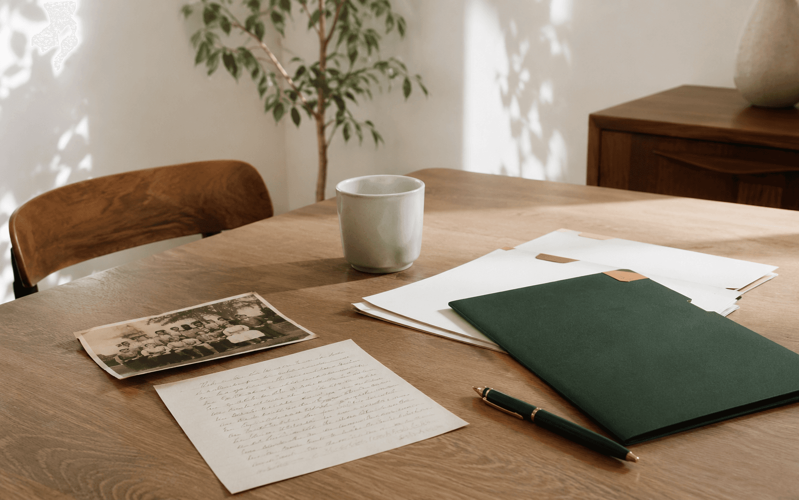 Mesa de cozinha com fotografia de família, carta manuscrita e xícara de café — representando memória e continuidade familiar